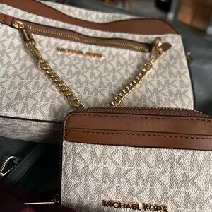 Michael Kors Brown and Cream Shoulder Bag with Gold Accents with Wallet